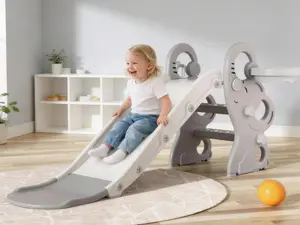 BIERUM Toddler Slide with Basketball Hoop & Ring Toss – Foldable Indoor Outdoor Playset for Kids, Baby Plastic Playground Climber