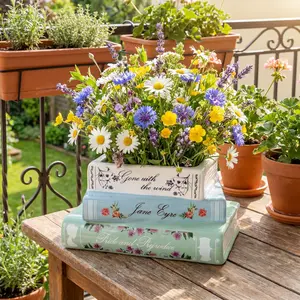 Small Book-Shaped Ceramic Planter, Decorative Vase for Flowers, Cute Bookshelf Home, Bedroom, and Office Decor, Unique Bookstack Design, Classic Titles, Perfect Housewarming Gift for Book Lovers