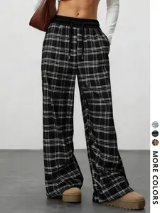 Women's Wide Leg Pants, Casual Loose Fit Fashion Streetwear Plaid Sweatpants, Casual Street Trousers, Trendy Sportswear for School Girls, Youth Holidays, Airport Outfit, Casual Chic Trousers