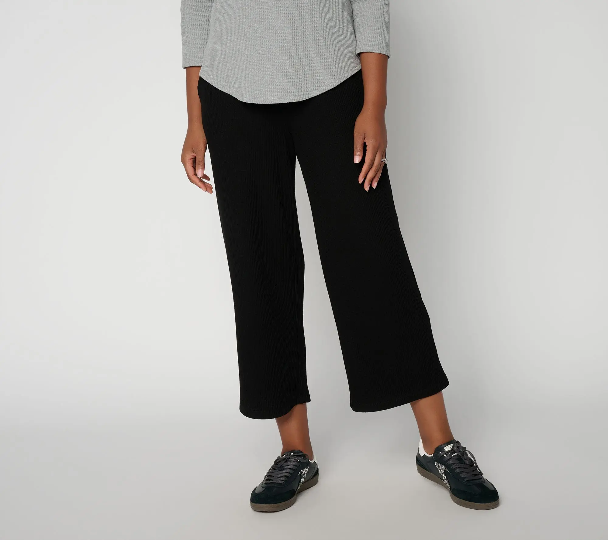 Susan Graver Weekend Petite Brushed Waffle Knit Wide Leg Crop Pants