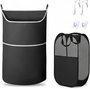 2-in-1 hanging laundry hamper Bag + Pop up mesh laundry basket, XL Over the door Laundry bag 36x22in with bottom zipper & front pocket, 600D Oxford, space-saving, foldable, hooks for home, dorm & RV