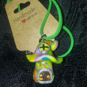 Mushroom House Pendant- Handmade baked glazed polymer clay