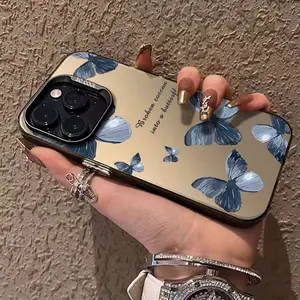 Blue Butterfly Pattern IMD PC Phone Case for iPhone 16, 15, 14, 13, 12, 11, Plus, Pro, Max,Xsmax.Perfect Birthday Gift for Friends Hard Shell with Metal Buttons, Protects Phone And Camera, Shockproof Case. Cellphone Cover