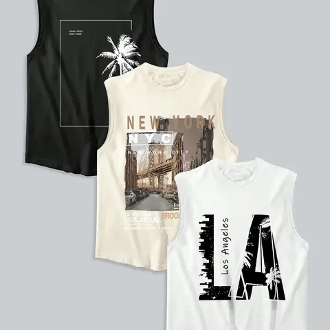 Men's Letter & City Print Round Neck Graphic Tank Top, Regular Fit Casual Sleeveless Crew Neck Vest for Summer, Street Style Fashion Men's Top for Daily Wear, Streetwear Tank Vest Sleeveless Tanktop