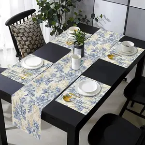 1 piece/5 piece set/7 piece set of blue hand-painted style table flag+placemat set, with yellow and blue floral pattern design, rectangular dining table runway, used for kitchen, dining table, living room, indoor and outdoor households