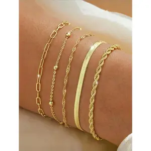 5PCS Gold Stackable Bracelet Set for Women, Layered Chain Bracelets with Paperclip, Beaded, Rope, Herringbone and Twisted Chain Design, Adjustable Multi-Layer Fashion Jewelry Accessories for Women Girls, Daily Wear, Party, Birthday, Holiday Gift