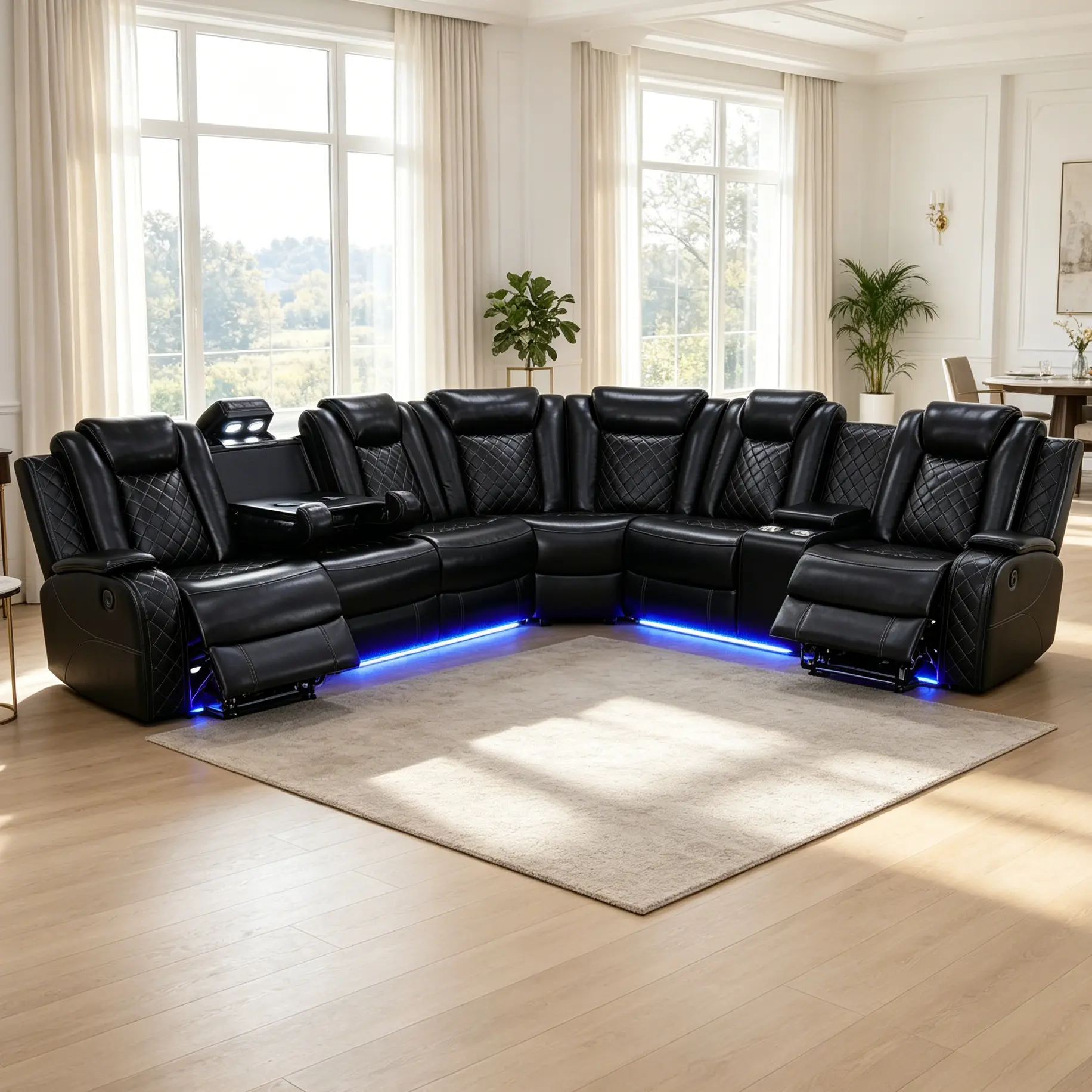 Black 3-Piece Power Reclining Breathable Leather Contemporary Sectional Sofa - 3-piece Lounge, Adjustable Arms, Silent Electric Adjustment, Equipped with USB Ports and Cup Holders, Cushion Back, Assembly Required, Ideal for Modern Living Rooms