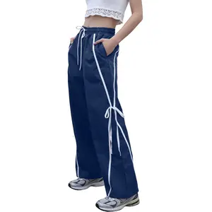 Mundoven Girl's Bow Track Pants Striped Sweatpants Baggy Wide Leg Parachute Pants for Joggers Hip Hop Dance