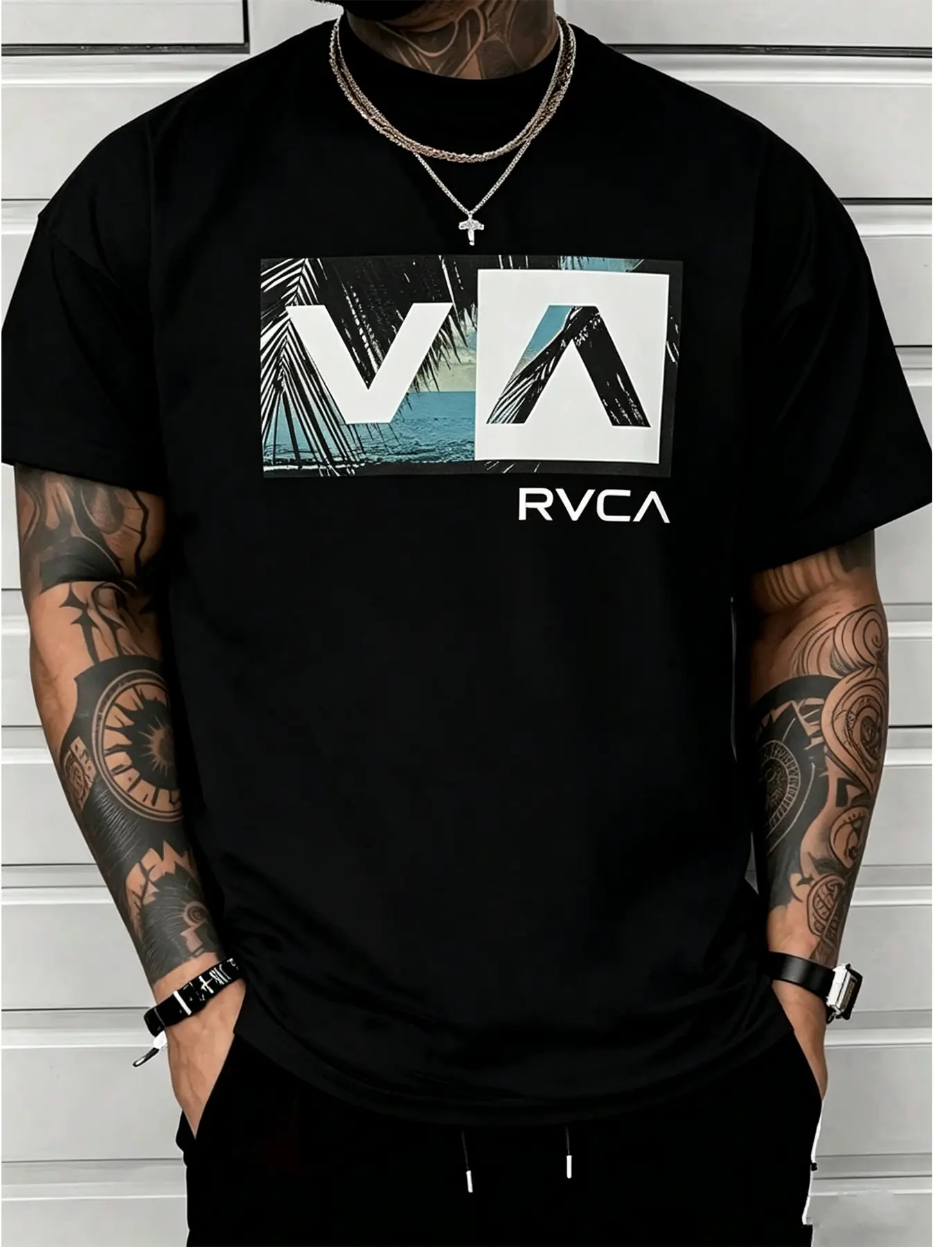 ：RVCA Palm Beach Ocean Logo Graphic T-Shirt Men’s Casual Loose Cotton Short Sleeve West Coast Surf Streetwear Tee