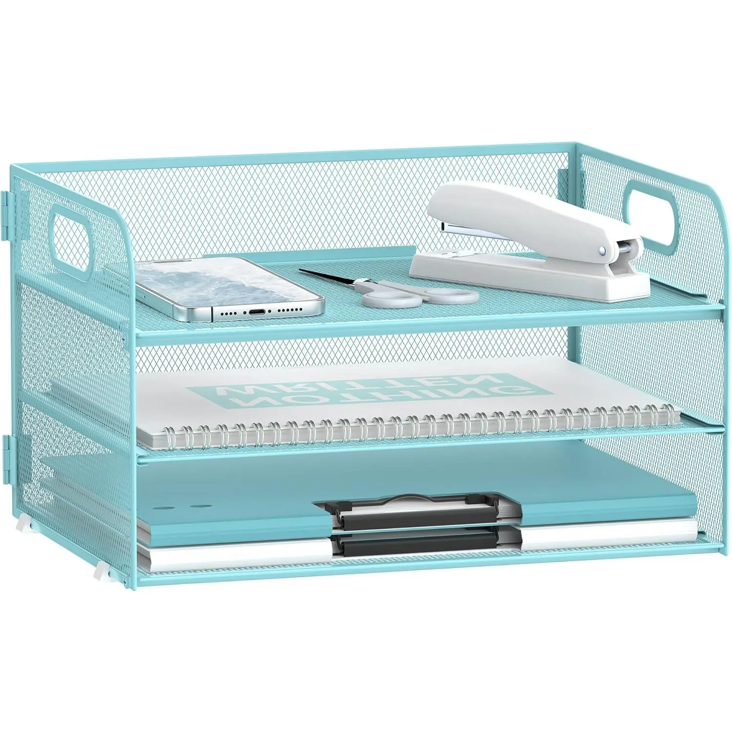 3-Tier Paper Organizer with Handle, Mesh Desk Organizer Letter Tray, Blue