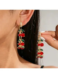 Red Cherry Shaped Earrings for Women Fashionable Sweet Fruit Style Elegant Diamond Accented Hoop Earrings Trendy Jewelry Gift for Girls and Ladies