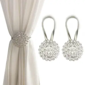 Magnetic Tiebacks for Curtains, 2 Pack Sparkling Crystal Flower Curtain Tiebacks Curtain Buckle Clips with High-Elastic Spring Wire for Home Office Decoration
