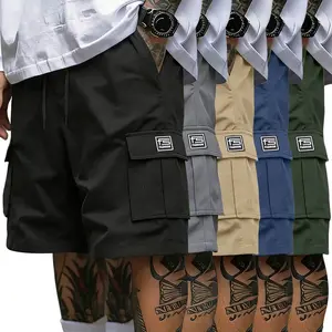 Set of 5 men’s casual cargo shorts, outdoor work shorts with drawstring, multiple pockets, non-stretch cargo shorts, tropical style menswear, beige, solid color