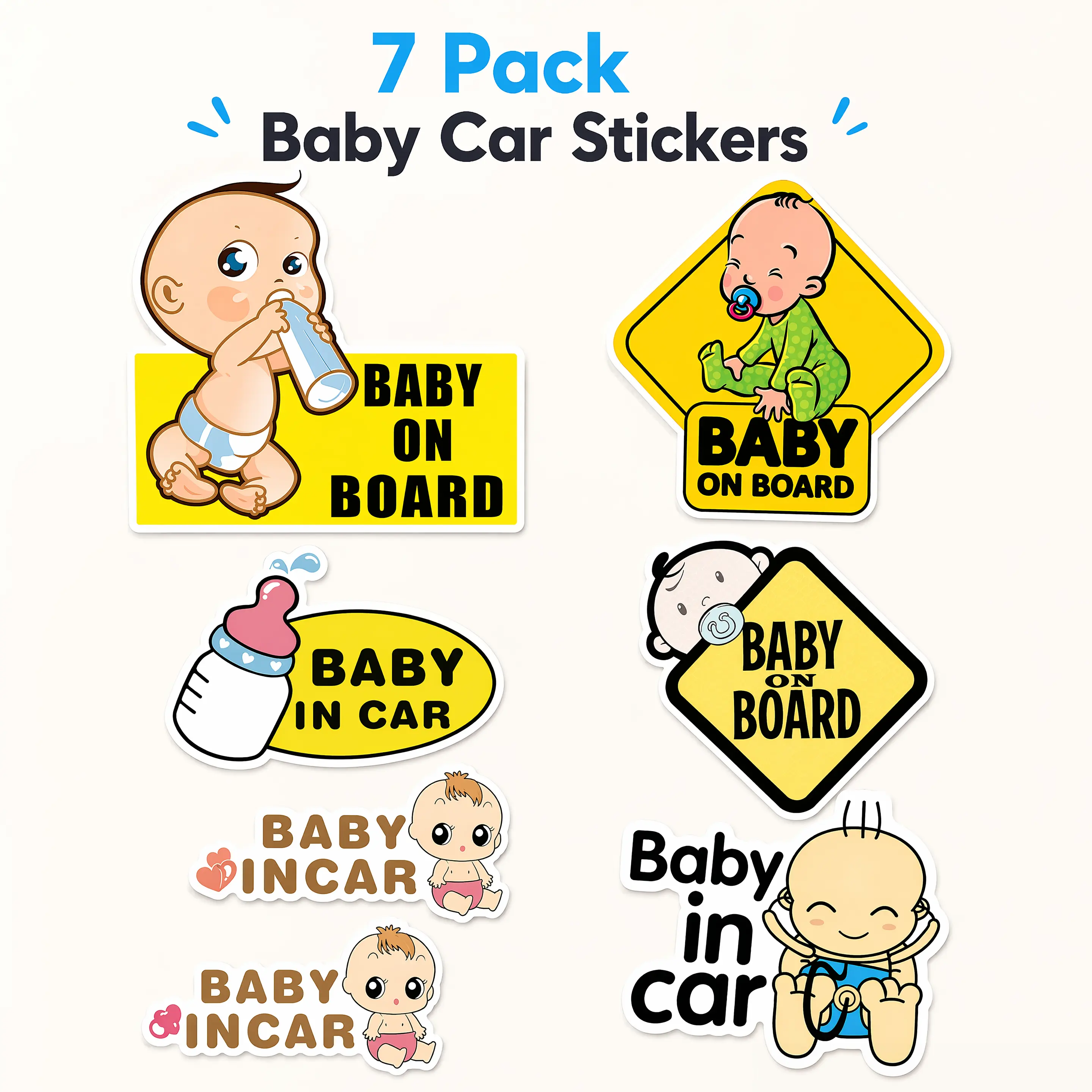Baby On Board Safety Stickers 7 Pack, High-Intensity Reflective Waterproof Vinyl Decals, Baby In Car Universal Warning Labels, Adhesive Stickers for Car Windows, Doors, Bumper, Trucks, Girly Car Exterior Decor