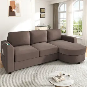 84.6" L-shaped Modern Sectional  Sofa Couch with a Curved Chaise Lounge, USB Ports and Side Storage Pockets for Living Room, Brown