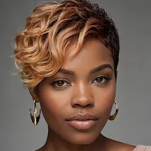 2026 New Wholesale Women's Hair Pixie Cut Wig Natural Brown to Blonde Ombre 4/30 1.8x 6-Inch Loose Curly with Bangs Lightweight Rose Net Cap for Everyday Cosplay Parties Voluminous Curls Natural Look