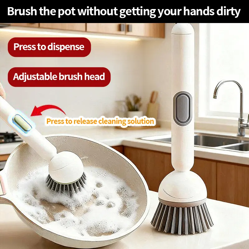 Dish Brush with Detergent Dispenser 360° Rotating Scrubber for Pots Pans Dishes & Utensils Adjustable Angles Non-Slip Grip Handle Durable PET Bristles Ergonomic Design Anti-Slip Grip Integrated Soap Dispenser Kitchen Tool - Sponges