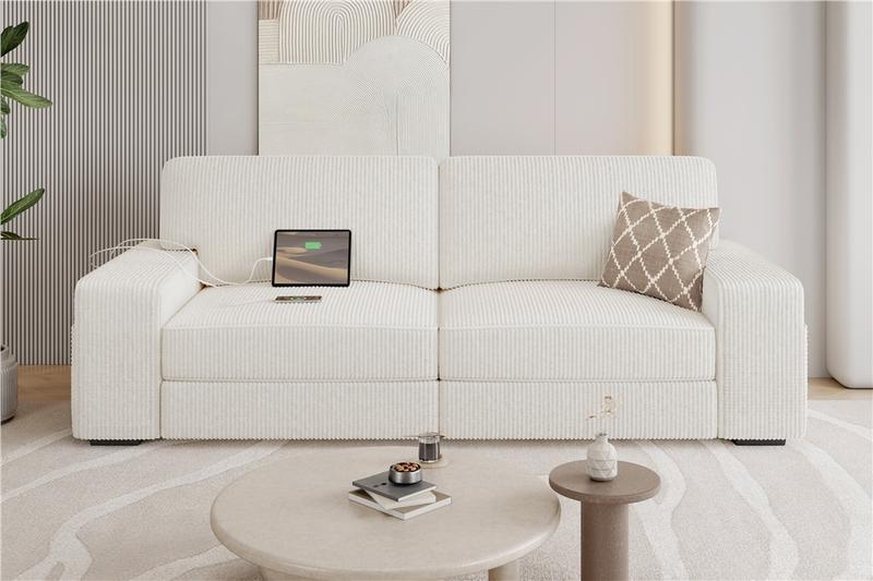 【2 Packages Delivery】Yaheetech Modern Corduroy Fabric Sofa Couch with Side Storage Pockets, USB Charging Ports, 83.5″ W 2-seater Upholstered Couch
