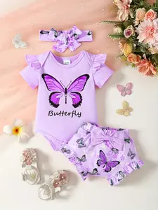 Baby girl summer sweet breeze purple butterfly pattern, bow headband, ruffled sleeves jumpsuit with bow shorts skirt, suitable for Children's Day preferred baby clothes