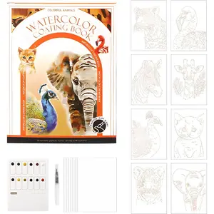 Three fold Watercolor Painting Book, Pocket Cartoon Watercolor Paper Book with Paint Palette and Brush (Animals)