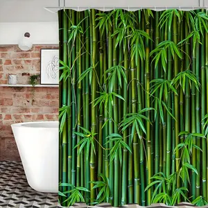 1pc "Water-Resistant Pastoral Bamboo Shower Curtain: Grommet Top, Hooks Included - Transform Your Bathroom with Easy Maintenance & All-Season Elegance
