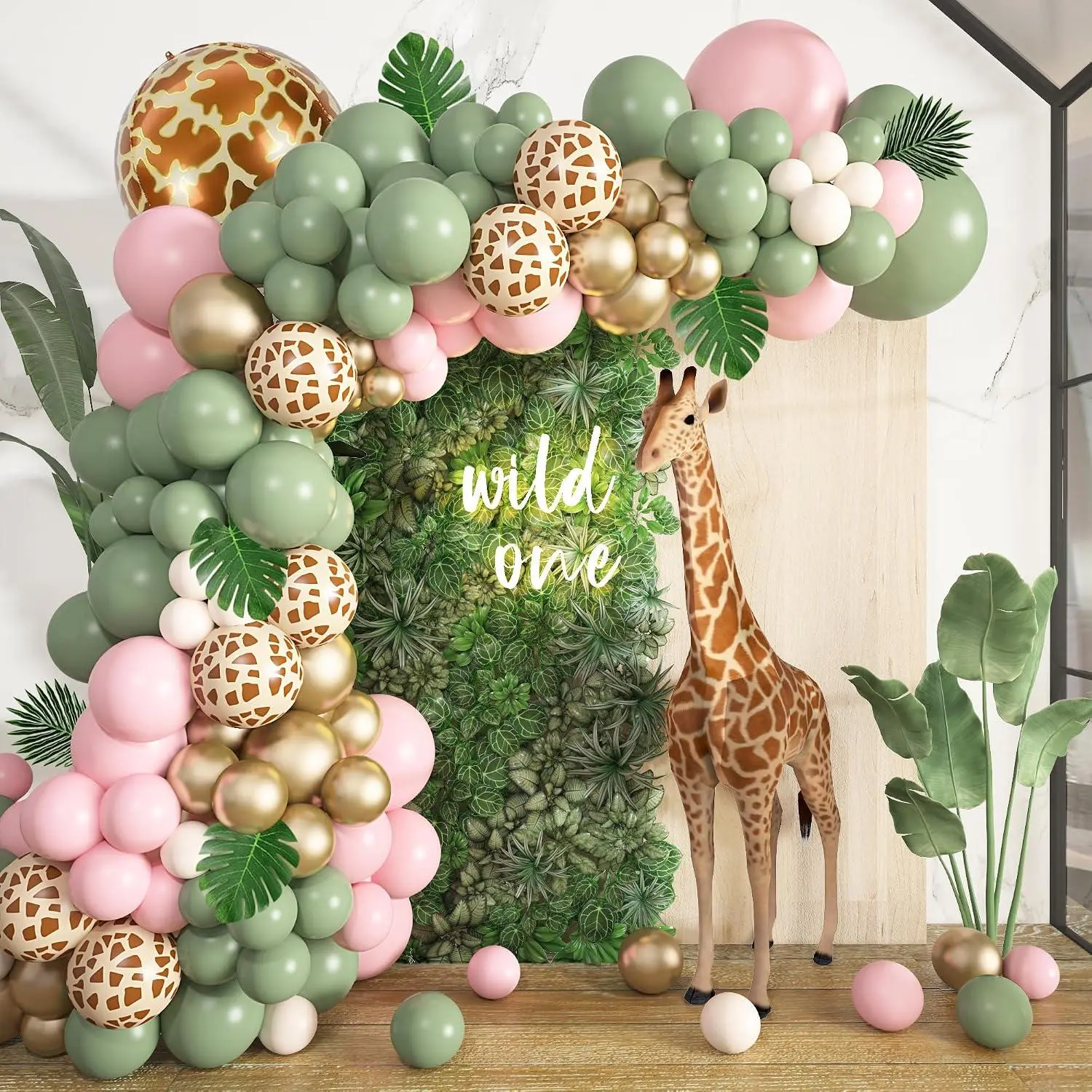 163Pcs Safari Balloon Garland Arch Kit, Animal Print Sage Green Jungle Balloons For Wild One Baby Shower Birthday Decorations Girl Boy Woodland Wedding Bridal Party Supplies