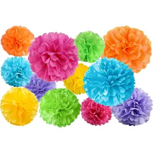 12 Pcs Paper Pom Poms Kit, Tissue Paper Flowers for Birthday, Party, Fiesta, Classroom, Playroom Festive Decorations (Multicolor, Assorted Sizes)