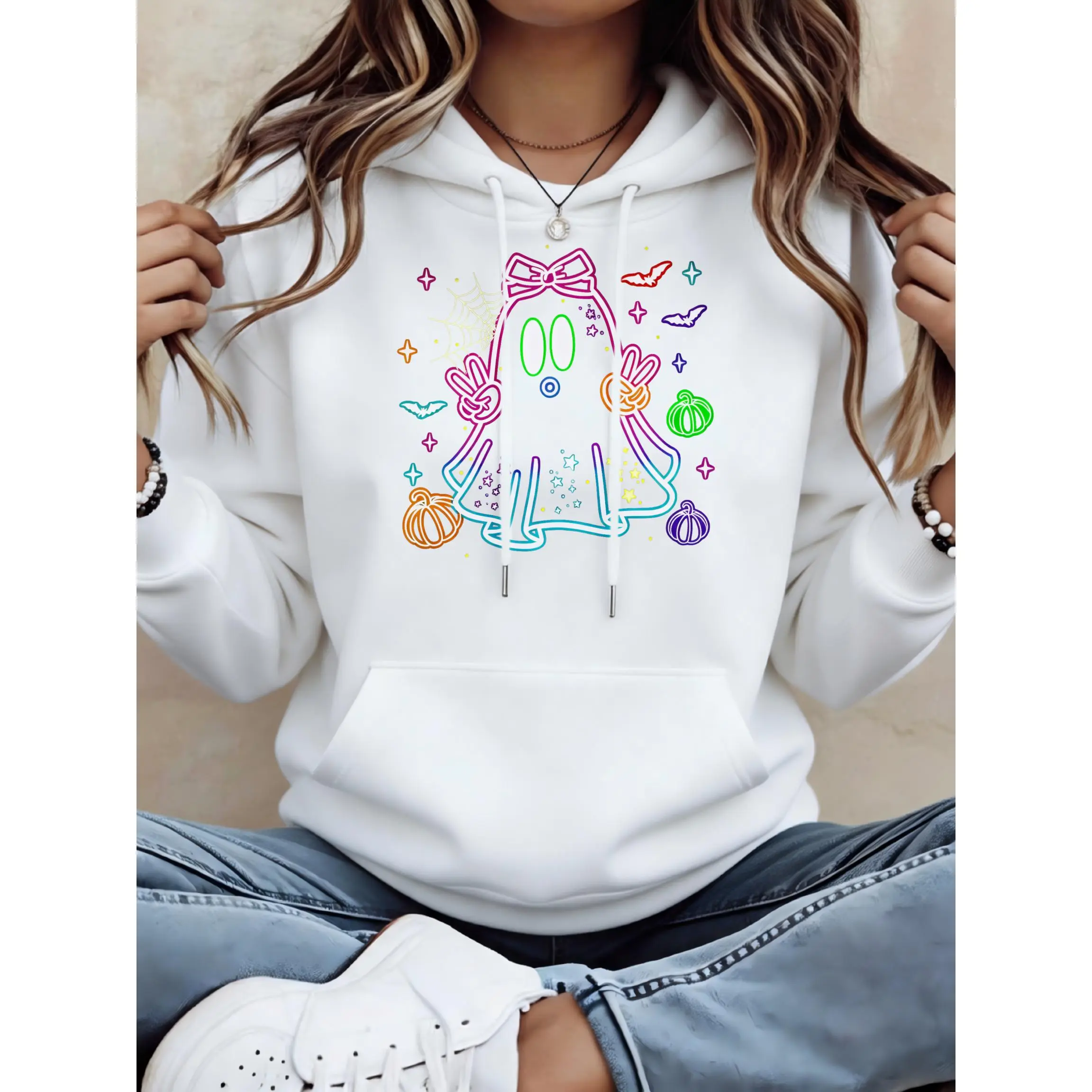 Women's Cute Ghost With Rainbow Accents Unisex Oversized Hoodie | Soft Breathable Cotton Blend Pullover | Trendy Cozy Loungewear & Streetwear For Daily, Gym, Travel & Fall Vibes