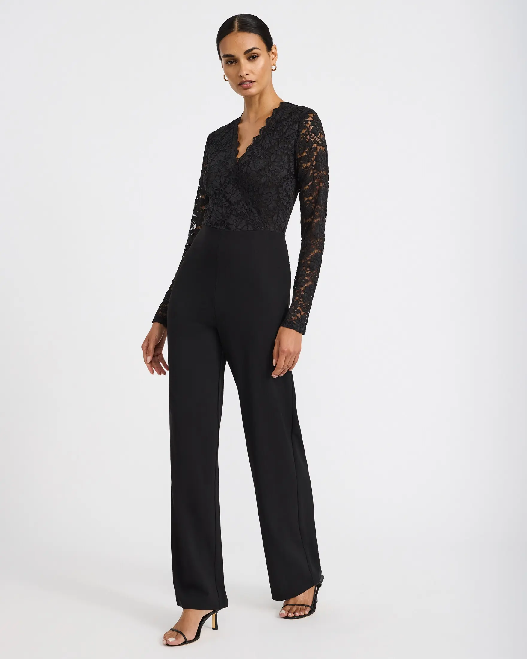 Express Lace V-Neck Long Sleeve Wrap Wide Leg Jumpsuit