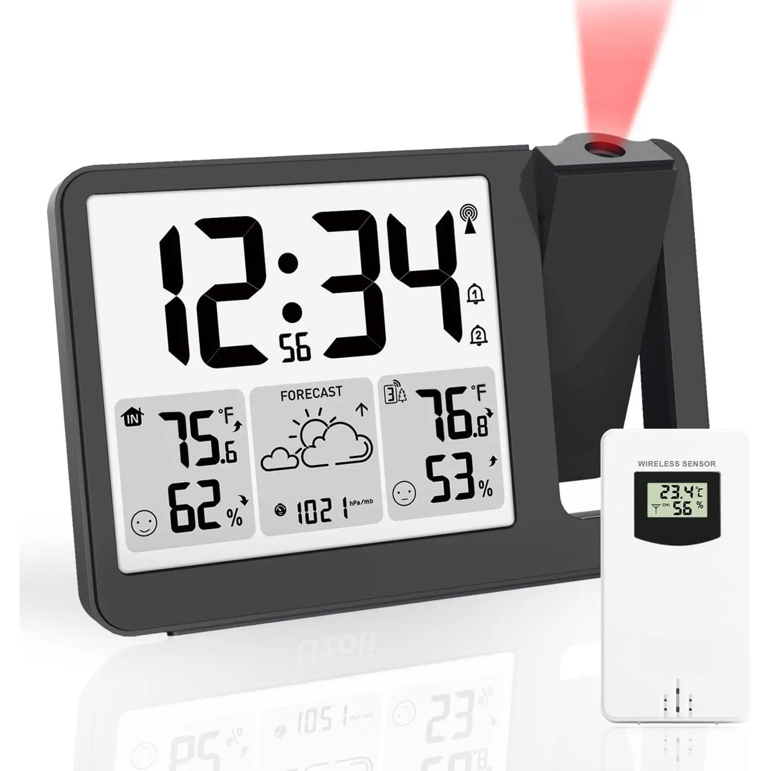 EM3539E Projection  Clock, WWVB Atomic Projector Clock for Bedroom Ceiling, Projection Clocks with Sensor, Adjustable Backlight, Indoor Outdoor Temperature Humidity, Dual Alarms