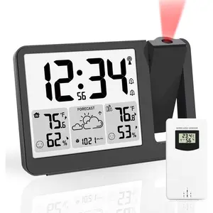EM3539E Projection  Clock, WWVB Atomic Projector Clock for Bedroom Ceiling, Projection Clocks with Sensor, Adjustable Backlight, Indoor Outdoor Temperature Humidity, Dual Alarms