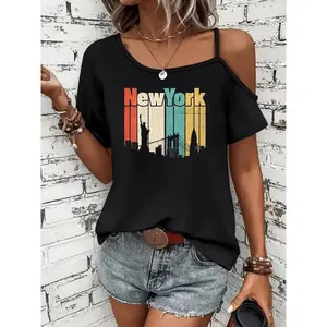 Womens Asymmetrical One Shoulder Cold Shoulder Short Sleeve Tee New York City Skyline Statue Of Liberty Vintage Graphic Loose Casual Summer Top