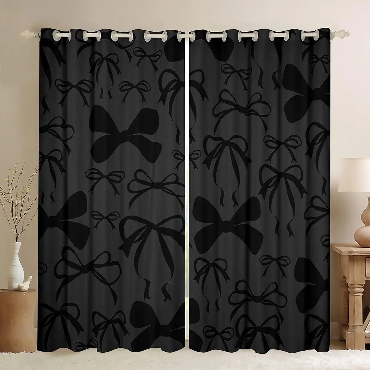 Cute Bowknot Room Darkening Blackout Curtain (2 Panels) Bow Curtains for Bedroom Living Room Bow Blackout Curtains Kawaii Window Treatments