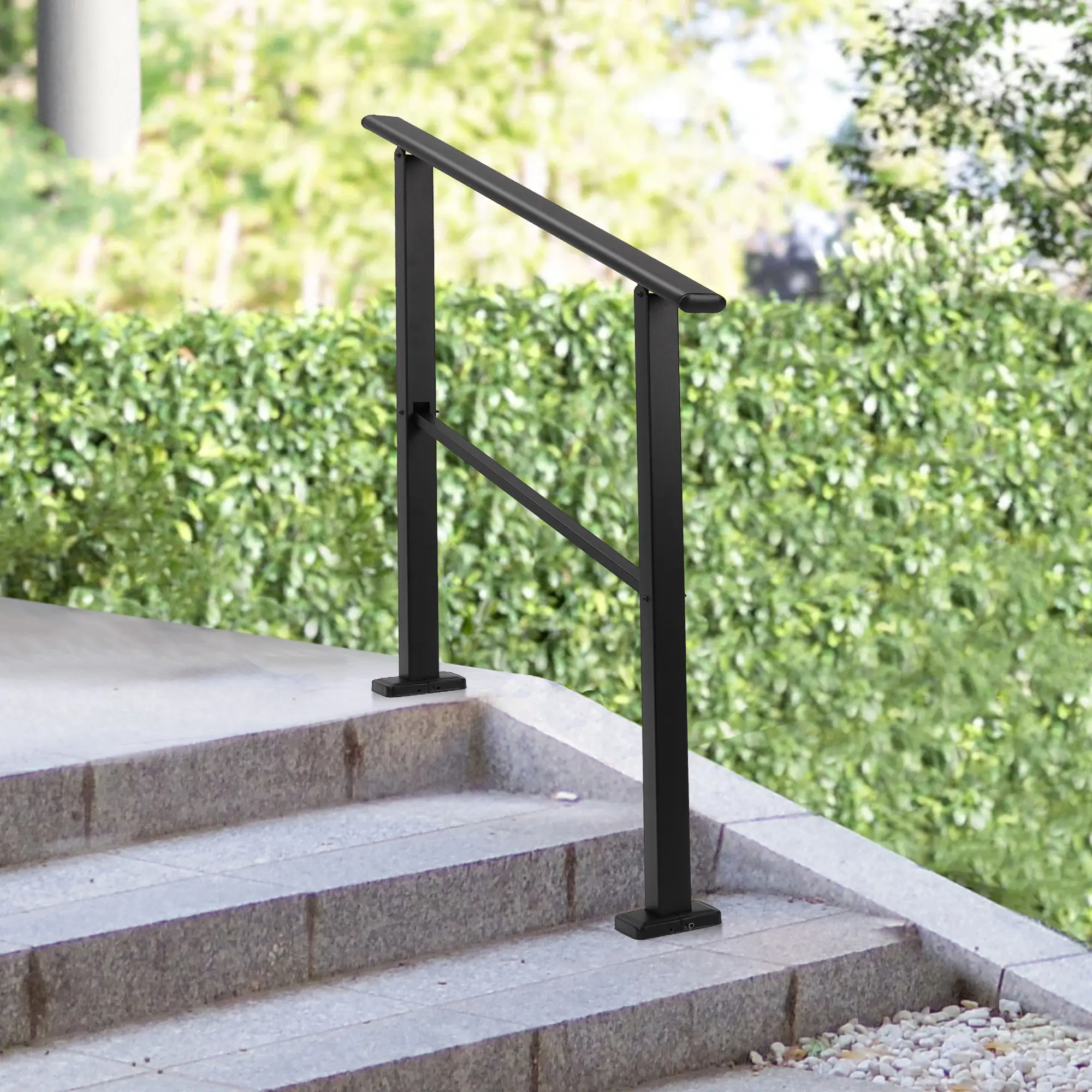 Adjustable 5-Step Outdoor Stair Handrail, 39"-68" Heavy-Duty Wrought Iron Railing, 600lb Capacity, Slip-Resistant Anti-Slip Fall Protection Weatherproof Black Metal Handrail for Deck Concrete Porch