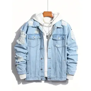 Plus Size Men's Solid Ripped Denim Jacket For Spring Fall, Trendy Clothing For Big & Tall Guys