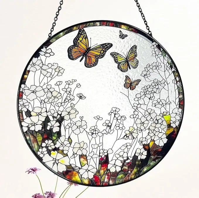 Stained Glass Window Hanging Suncatcher - 7.8" Monarch Butterflies and Wildflowers Meadow Artistic Floral Sun Catcher Window Decor Butterfly Colorful