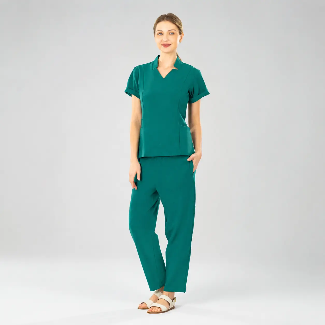 EADFLIE Trendy Scrub Set for Women，Soft Stretch V Neck Top & Straight Leg Pants Set, 8 Pockets for Long Shifts
