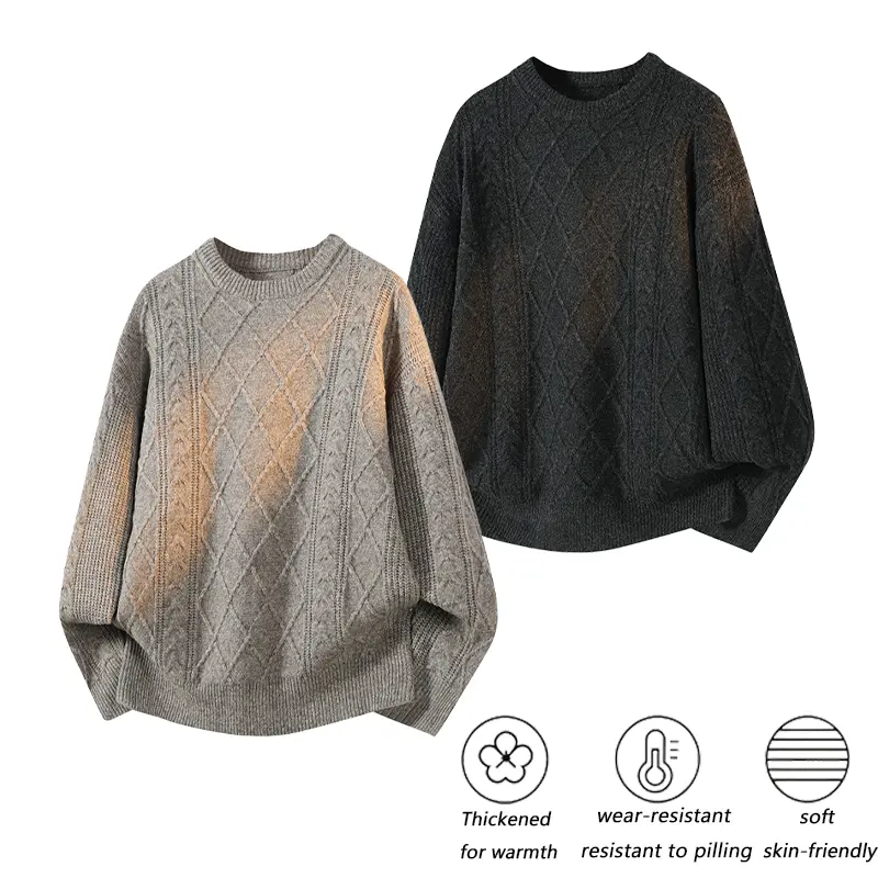 Men's Crew Neck Cable Knit Sweater, Thickened Warm Soft Skin‑Friendly Anti‑Pilling Rhombus Textured Pullover Jumper Casual Autumn Winter Outerwear Vintage College V-Neck Cardigan menswear knitwear wear