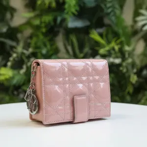 Pre-owned Dior Patent leather Small Leather Goods Patent Cannage Lady PInk