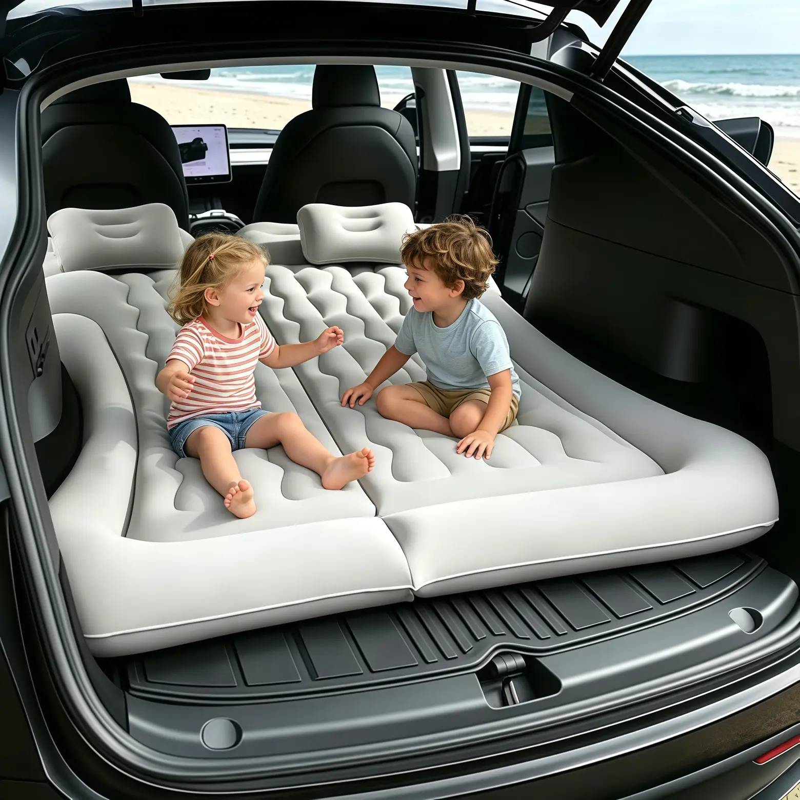SUV Inflatable Airbed - Thick Flocking Flocked Car Rear Seat Cushion, Includes 2 Soft Pillows, Portable Electric Pump, for Road Trip, Outdoor Camping, Blow Up Bed