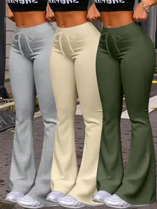 Women's Casual Fashion Long Pants Set, Drawstring Waist Design, Milk Silk Yoga Pants, Wide Leg Micro Flare, All Seasons Wear