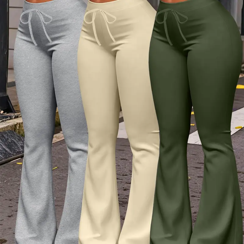 Women's Casual Fashion Long Pants Set, Drawstring Waist Design, Yoga Pants, Wide Leg Micro Flare, All Seasons Wear, Casual Yoga Trousers