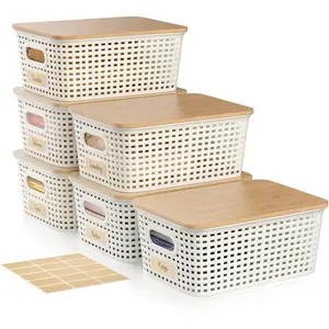 A5 Quart Plastic Storage Bin with Bamboo Lid, Stackable Decorative Storage Basket Box Containers with Label for Organizing shelves Closet Office Playroom Classroom, White 6 Pack