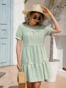 Celderio Women Summer Holiday Plaid Gingham Short Sleeve Round Neck Drawstring Waist Layered Loose Midi Dress