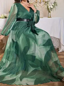 Women's Plus Size Fashion Long Sleeve Casual Chiffon Floral Print Elegant Chic Dress, Loose-Fitting Midi Dress for All Seasons