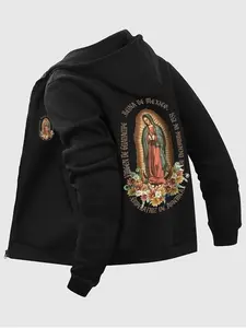 Men's Guadalupe Print Zip Up Hoodie, Casual Regular Fit Long Sleeve Hooded Sweatshirt for Fall & Winter, Men's Top for Daily Wear, Flower Hoodies