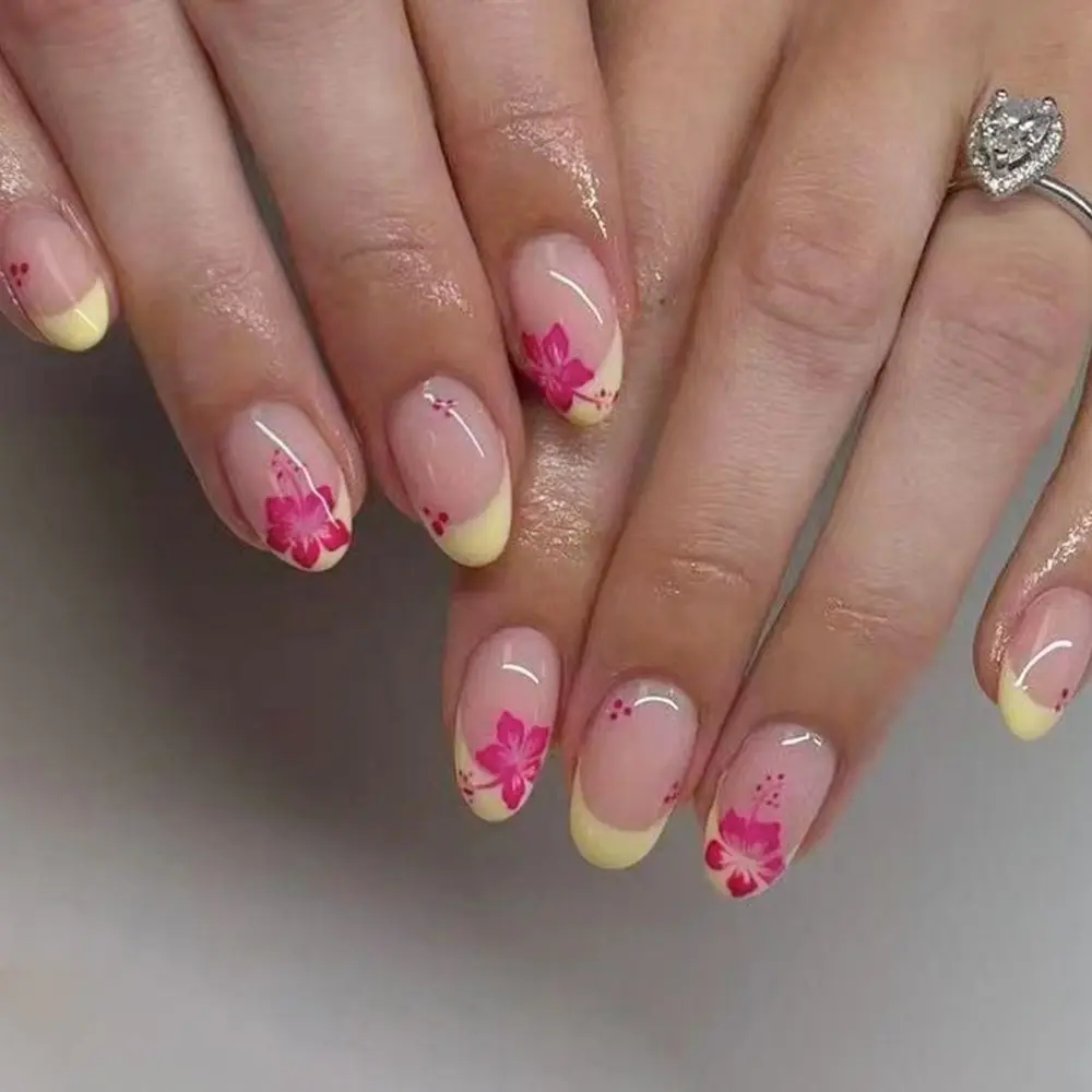 24pcs Summer Fushsia Oval Nails, Fake Nail, Decorative Nails, Flower Nails, Hand-Painted Floral Design, Detachable Nail Stickers, No Glue Needed, Reusable, Perfect for Beach Outings, Nail Art Sticker