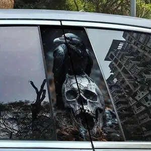 2pc Raven Skull Vinyl Stickers, Car B Pillar Protection Decals, Easy Peel Off, Sunproof Waterproof Scratch Resistant, All Models Compatible