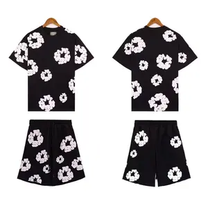 2025 Hip Hop Cotton Flower Print Short Sleeve Set High Street Casual Loose Sportswear