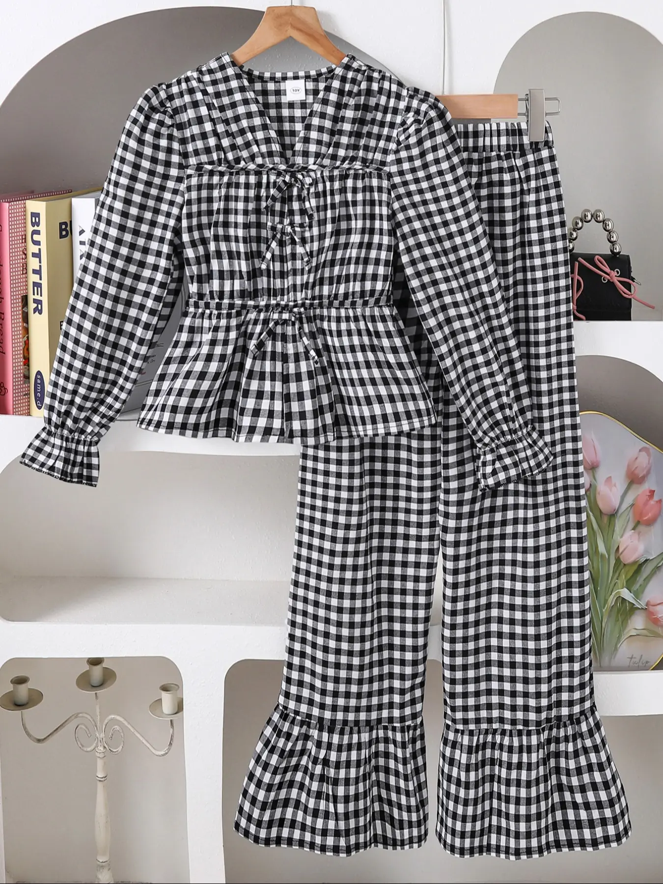 Girls' Plaid V Neck Bow Tie Bubble Long Sleeve Top, Elastic Waist Ruffle Hem Pants Set, Matching Outfits Set, Match Style Set, Casual Fashion, Fine Girls Outfit